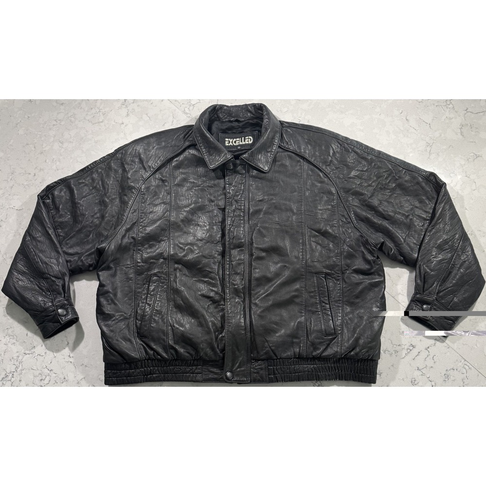 VTG 90s Excelled Leather Bomber Jacket Mens 2XL XXL Black Aviator Biker Retro